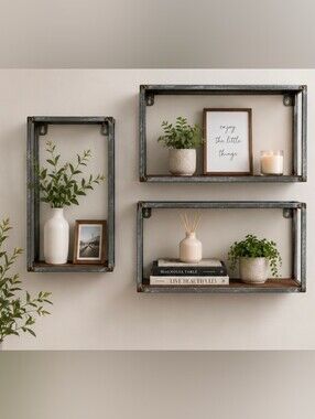 Set of 3 modern industrial floating wall shelves featuring a rustic wood base wi